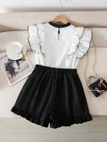 SHEIN Teen Girl Bow Collar Ruffle Trim Blouse And Shorts Set,Soft Comfortable Black And White,Summer,Y2k,Holiday,Back-To-School Tween Clothes For Girls - Black and White - View 2