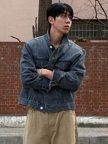 DAZY Men's Short Washed Blue Denim Jacket, Autumn - Blue - View 6