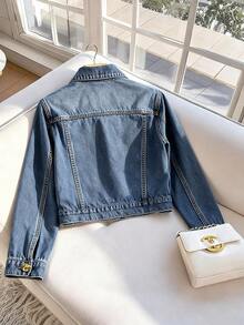 GlowEve 女士翻领单排扣时尚百搭度假旅行长袖牛仔外套 - 藍色 - 查看 2