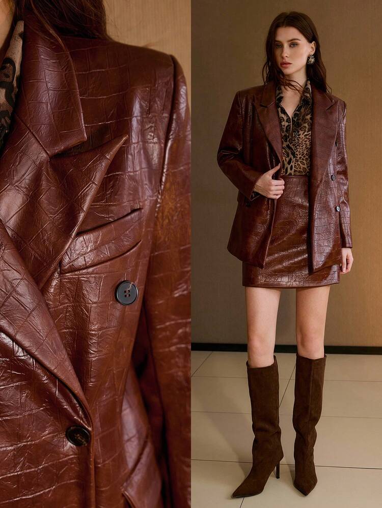 CROCODILE PATTERN SOLID COLOR TEXTURED FAUX LEATHER DOUBLE-BREASTED LOOSE FIT LONG SLEEVE BLAZER