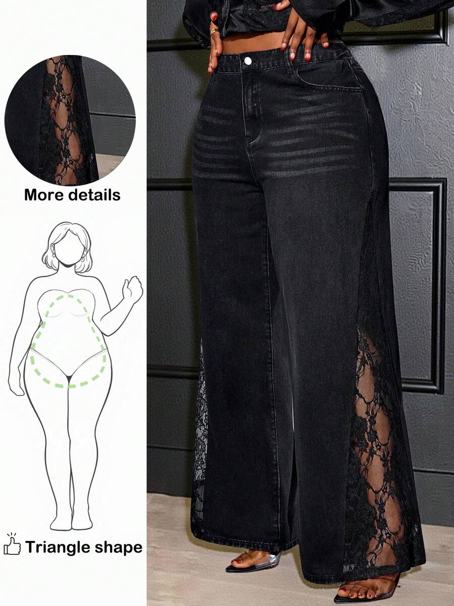 Truni 大码中腰直筒宽松蕾丝拼接时尚设计牛仔裤，适合梨形三角身材/2026/新年 - 黑色 - 查看 1