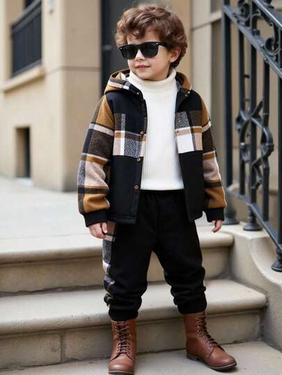 SHEIN 2 件套男童格子连帽夹克和运动裤套装，春秋季幼儿格子男童格子夹克