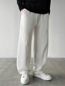 Manfinity Homme Men's Casual Drawstring Waist Pockets Loose Sweatpants White Baggy Pants Men Baggy Wide Pants Men Loose Fit Pants - White - View 3