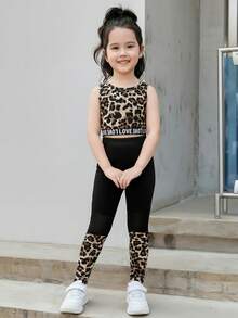SHEIN Leap Crew 少女豹紋字母綁帶背心和緊身褲套裝