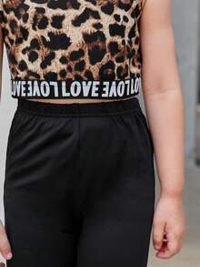 SHEIN Leap Crew 少女豹紋字母綁帶背心和緊身褲套裝