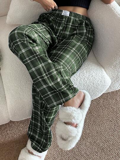 SHEIN Women's Casual Plaid Print Elastic Waist Straight Leg Lounge Pants