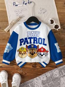 SHEIN | PAW Patrol 年轻男孩休闲时尚街头卡通狗和字母印花撞色落肩宽松羊毛卫衣，秋冬 - 白色 - 查看 1