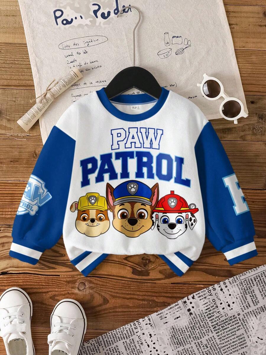 SHEIN | PAW Patrol 年轻男孩休闲时尚街头卡通狗和字母印花撞色落肩宽松羊毛卫衣，秋冬 - 白色 - 查看 1