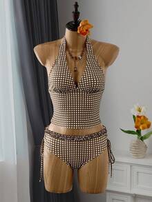 Swim Vcay Summer Women Tankinis 2 Piece Set, Coffee Plaid Print Ruffle Halter Neck Tie Top, Drawstring Side Ruched Bikini Bottom Swimsuit - Multicolor - View 8