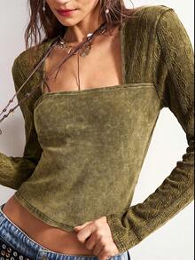 Bohemela 休闲针织长袖不对称领修身短款女式T恤 - 綠色 - 查看 3