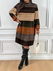 SHEIN Frenchy Plus Size Women Vintage Striped Pattern Print Turtleneck Long Sleeve Casual Dress, Suitable For Autumn, , And New Year Fall Spring,Summer/Vacation - Multicolor - View 3