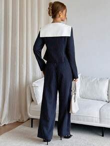 Siren Gaze Ensemble chemise et pantalon rayé bleu marine pour femmes, tenue décontractée et élégante en 2 pièces pour le travail