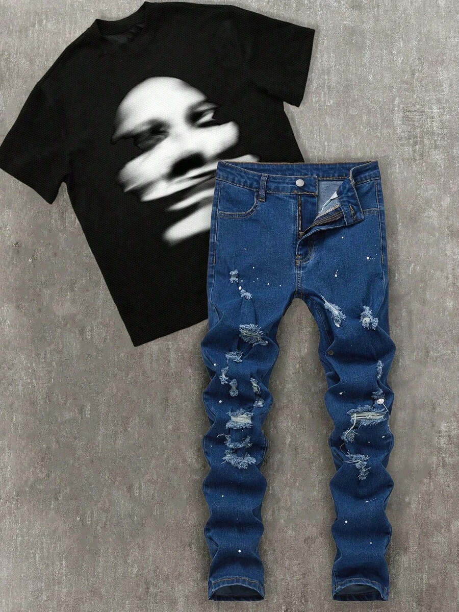 SHEIN 男童时尚休闲镂空破洞磨边舒适白色喷漆黑色牛仔弹力修身牛仔裤，柔软日常穿着，适合儿童春夏穿着，街头风牛仔裤，做旧牛仔裤 - 深色水洗藍 - 查看 1