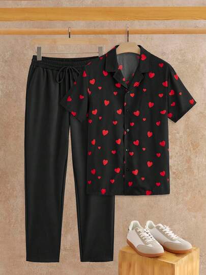 HIMLAND Men's Colorblock Heart Print Short Sleeve Shirt And Solid Color Pants Set Men Casual Top And Bottom Set Shirt And Pants Set Men Summer Pants Set Men Pajama Set Matching Vacation Sets Men Xl