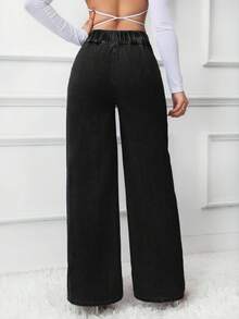 SHEIN Tall 女士高腰休闲宽松阔腿牛仔裤蓝色直筒裤高个女式牛仔裤 - 黑色 - 查看 4