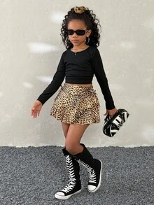 Coolane Kids Tween Girl Winter Summer/Winter/Spring Leopard Print Ruffle Hem Casual Elegant  Skirt,,Christmas,New Year ,Party,Graphic, Cheetah Skirt, Leopard Skirt, Animal Print Skirt, Mini Skirt, Ruffle Skirt, Cheetah Print Skirt - Coffee Brown - View 5