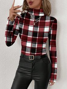 SHEIN Clasi Lässiges minimalistisches Rot, Schwarz & Weiß Karomuster Allover-Muster Damen Rollkragen Langarm T-Shirt, geeignet für Herbst/Winter, Retro-Stil, vielseitig - Verschiedenfarbig - Übersicht 5