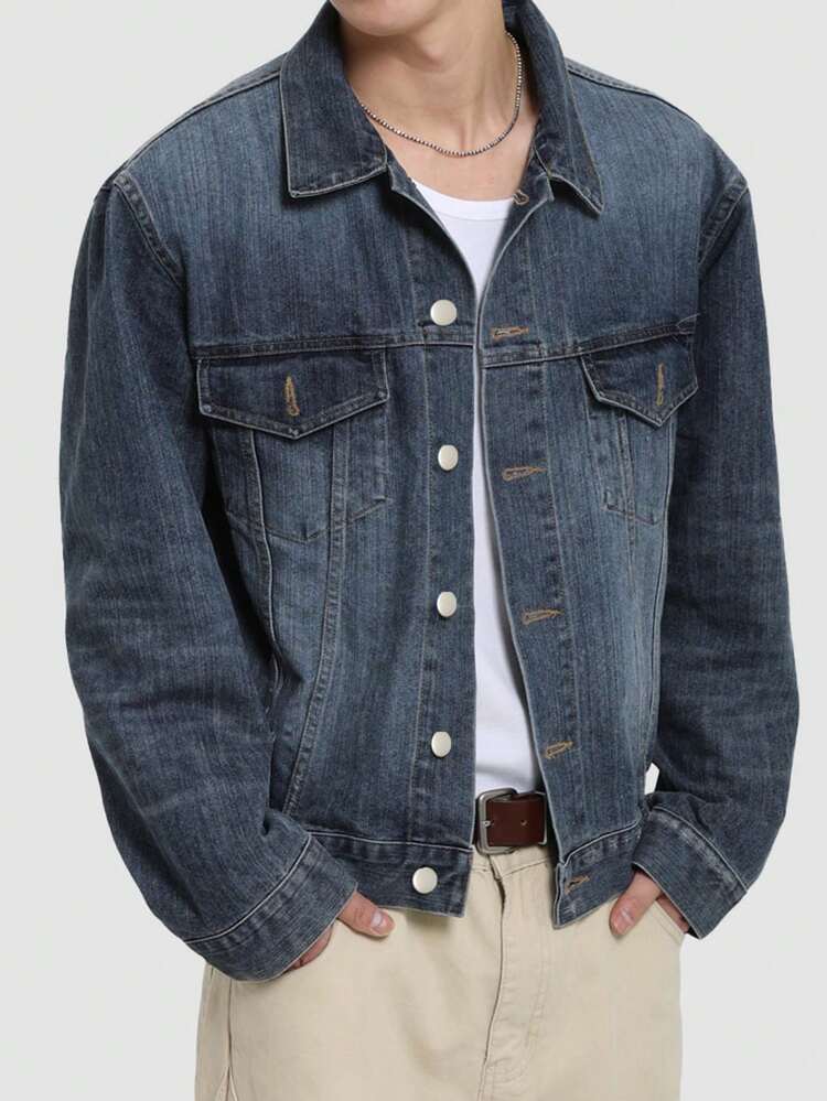Men's Short Washed Blue Denim Jacket, Autumn
