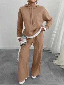 Conjunto de dos piezas de sudadera y pantalón de chándal oversize de color gris jaspeado para mujer - Beis - Ver 7