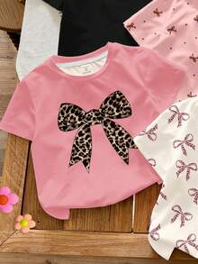 SHEIN LMoss Kids 4件套，奶油白、玫瑰粉、奶油粉、黑色复古豹纹印花迷你波点蝴蝶结装饰圆领短袖T恤，充满圣诞气息，休闲简约蝴蝶结系列，适合所有季节。 - 彩色 - 查看 3