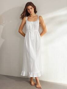 Ocili Women's Solid Color Contrast Lace Single-Breasted Nightgown - White - View 5