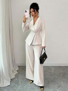 Elenzga petite 女士橄榄绿色厚面料 V 领翻领腰部扣设计西装外套和阔腿裤套装，宽松版型，职业装，适合感恩节、万圣节，优雅时尚秋季新款两件套 - 杏色 - 查看 3