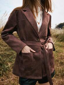 Chiquease Women's Autumn/Winter Outerwear Bohemian Suede Print Cinched Waist Jacket Brown Blazer Women - Brown - View 11
