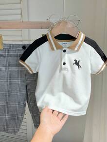 2pcs Baby Boy Short Sleeve Polo Shirt & Elastic Waist Plaid Pants Set,Black And White Plaid,Summer,Casual,Family Matching Preppy School Golf Clothes - Khaki - View 9