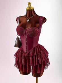 Amplova Boho Style Low-Cut PU & Lace Patchwork Waist A-Line Flowy Mini Dress - Burgundy - View 6