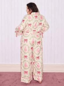 SweetSlumber 圣诞蝴蝶结印花翻领开衫，系腰长袖加大码睡衣套装 - 彩色 - 查看 2