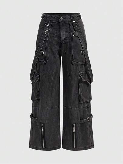 Grunge Punk Jeans femme vintage punk cargo à croisillon, rivets et sangles, taille basse, super ample et jambes larges