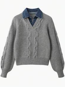 Airaco Women's Denim Collar V-Neck Cable Knit Sweater - Dark Grey - View 1