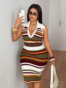 Maweii Váy dệt kim không tay cổ bẻ kẻ sọc ôm sát cỡ lớn dành cho nữ - Nhiều màu - Xem 1