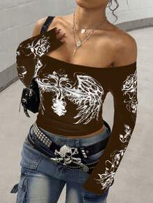 Maweii Áo thun tay dài in họa tiết hở vai gợi cảm cỡ lớn dành cho nữ, mùa xuân và mùa thu - màu nâu - Xem 4