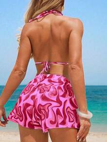 Swim Vcay 3pcs/Set Random Print Tankini Swimsuit - Pink - View 2