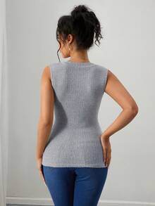 Momance Sleeveless V-Neck Lace Patchwork Ribbed Knit Maternity Tank Top - Grey - View 7