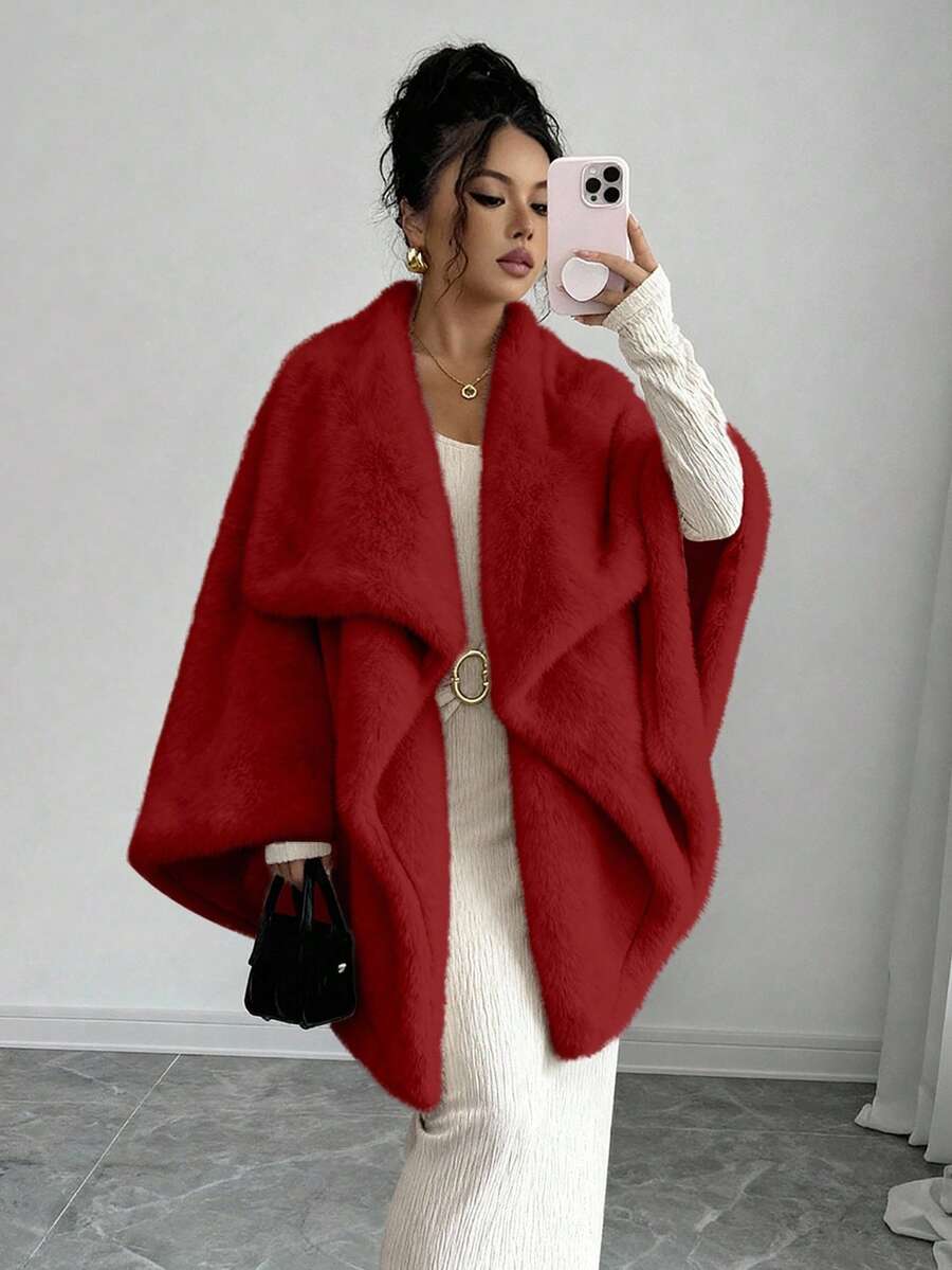 Elenzga 女士纯色蓬松披肩开衫，秋冬新品 - 紅色 - 查看 1