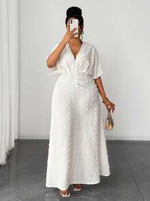 Maweii 大码女式纯色蝙蝠袖V领简约优雅法式连衣裙 - 白色 - 查看 3