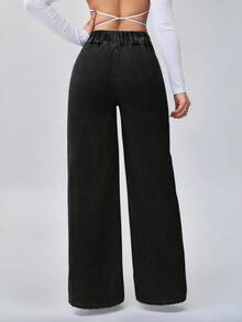 SHEIN Tall 女士高腰休闲宽松阔腿牛仔裤蓝色直筒裤高个女式牛仔裤 - 黑色 - 查看 8