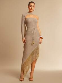 Silquee Vestido de saída de praia moderno, sem alças, com fenda e franjas - Ouro - Ver 1