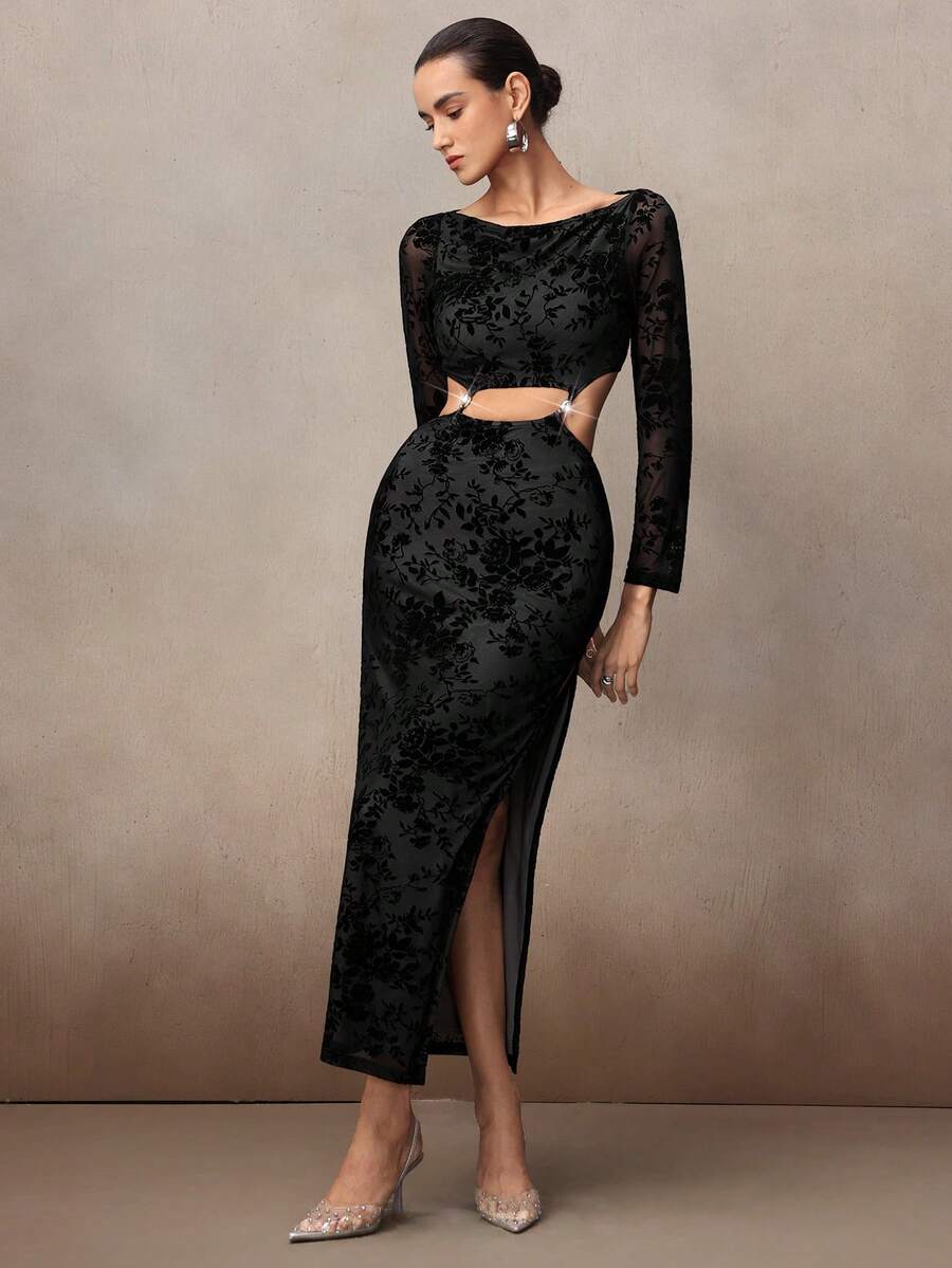 Modelyn Fashionable Sexy Solid Color Crop Top Long Sleeve Bodycon Dress - Black - View 1