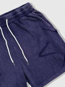 ROMWE MEN ROMWE Avant Celana Pendek Kasual Pria Motif Grafis Musim Semi/Panas dengan Tali Serut di Pinggang dan Kantong, Potongan Lebar, dan Model Longgar. - Biru - View 3