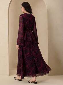 Graceveil 优雅印花雪纺连衣裙，圆领系腰设计，女士款 - 紅色 - 查看 2