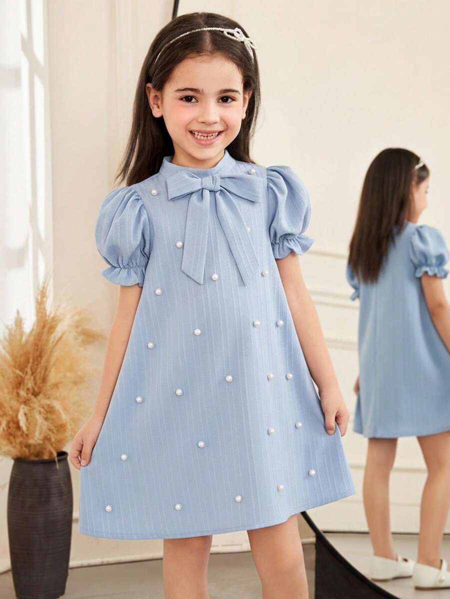 SHEIN 年轻女孩优雅修身串珠泡泡袖A字型编织纹理纯色连衣裙，饰有超大蝴蝶结