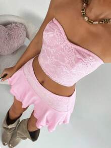 SHEIN TRNDY Women's Valentine's Day Pink Lace Bandeau Top And Ruffle Hem Mini Skirt 2 Pieces Set