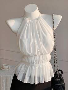 SHEIN EZwear 褶皺露背無袖高領束腰上衣