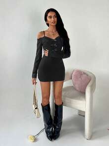 TRNVIE Women's Solid Color Off-Shoulder Long Sleeve Bow Decor Fashionable Dress - Black - Ver 4