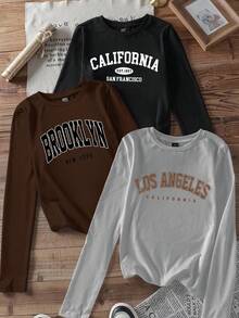 SHEIN EZwear 3件套女士字母图案圆领休闲修身长袖T恤套装 - 彩色 - 查看 1