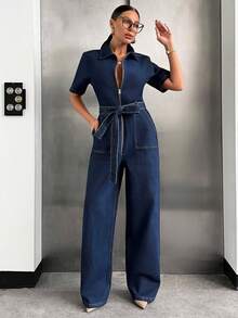 SHEIN Zipper Front Short Sleeves Casual Denim Jumpsuit - Dark Wash - View 6
