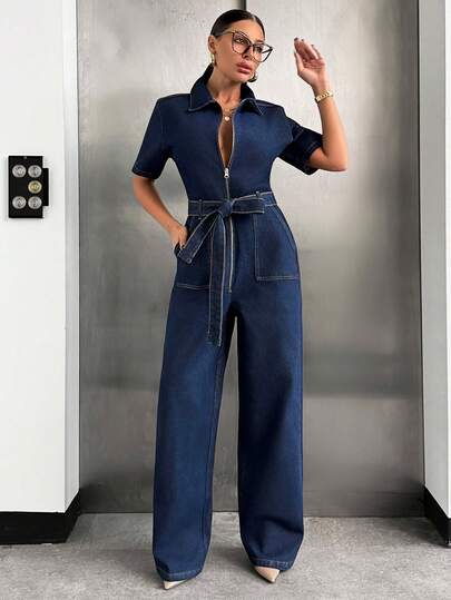 SHEIN Zipper Front Short Sleeves Casual Denim Jumpsuit